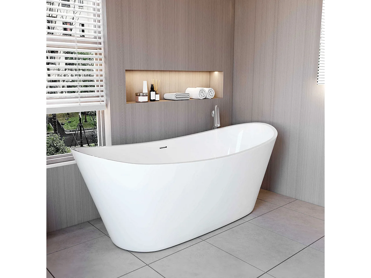 Vasca da Bagno a Isola Vasca da Bagno Freestanding in Acrilico da 170x72x65 cm, Colore Bianco, Forma di Barca Ovale