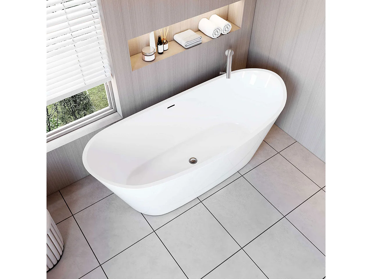 Vasca da Bagno a Isola Vasca da Bagno Freestanding in Acrilico da 170x72x65 cm, Colore Bianco, Forma di Barca Ovale