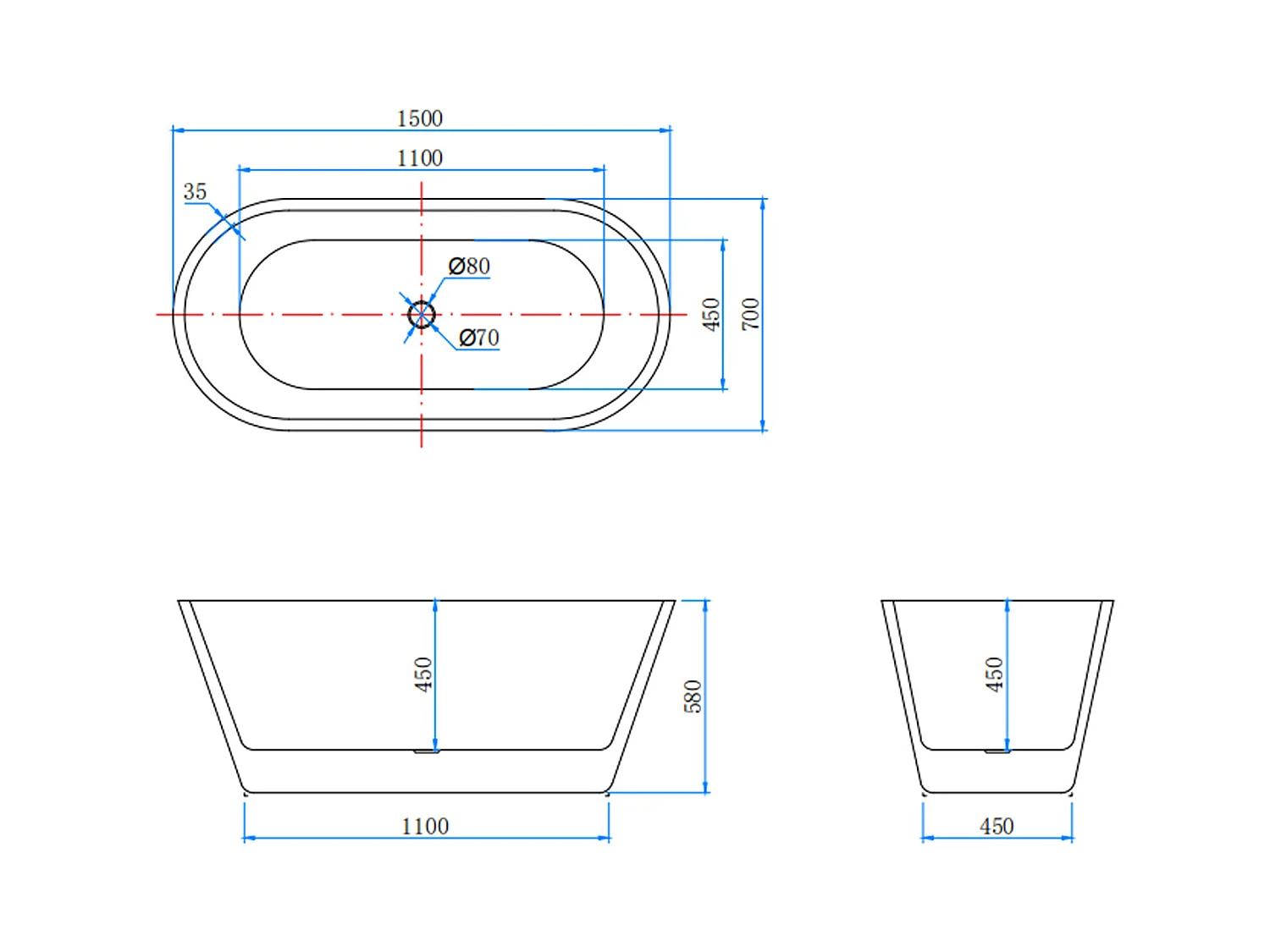 Vasca da Bagno a Isola Vasca da Bagno Freestanding in Acrilico da 150x70x58 cm, Colore Bianco, Forma Ovale