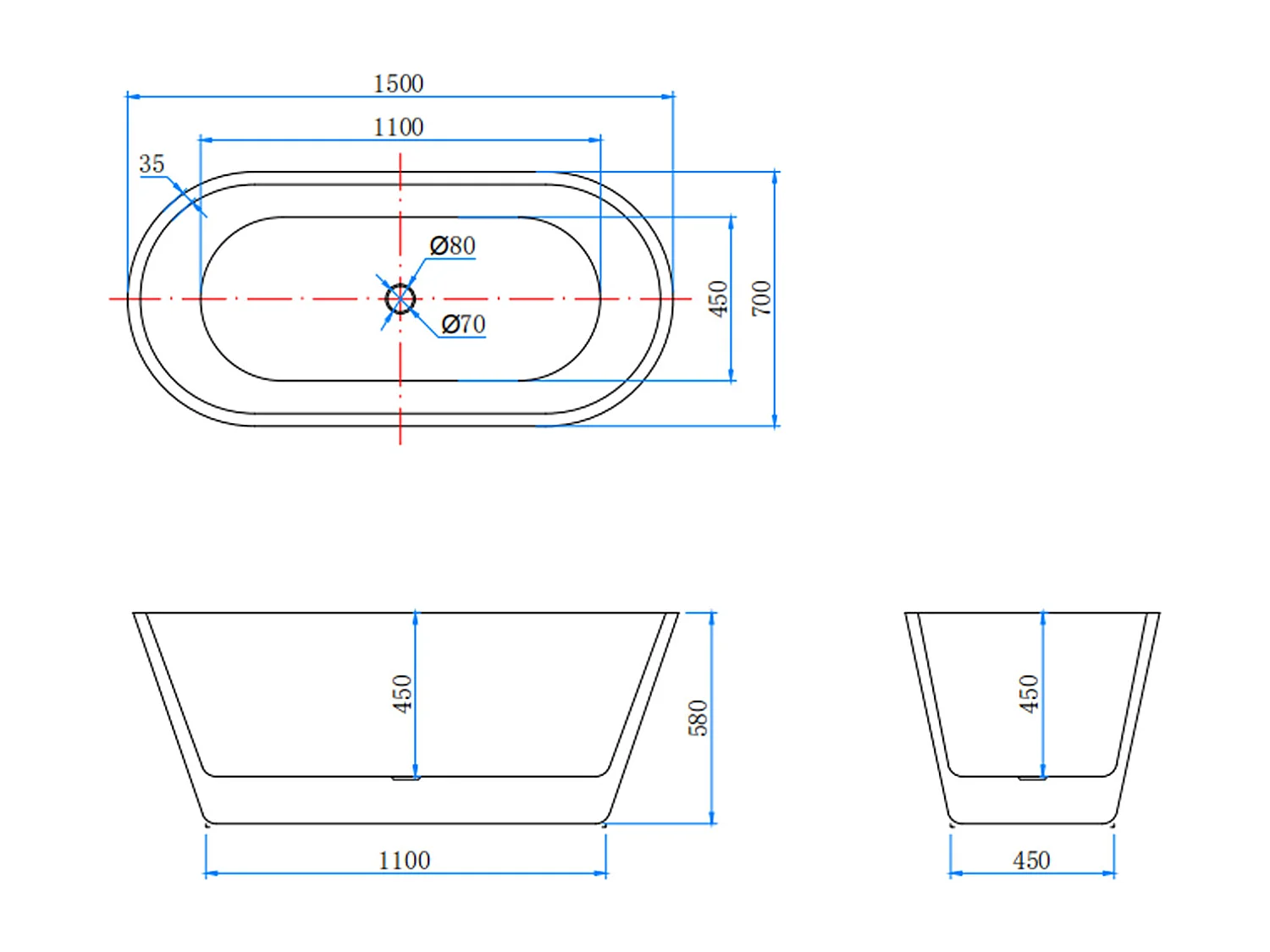Vasca da Bagno a Isola Vasca da Bagno Freestanding in Acrilico da 150x70x58 cm, Colore Bianco, Forma Ovale