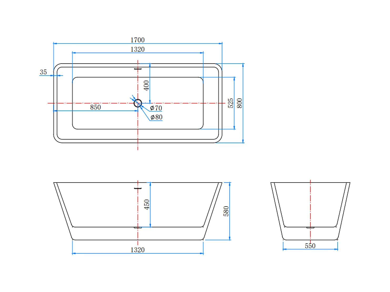 Vasca da Bagno a Isola Vasca da Bagno Freestanding in Acrilico da 170x80x58 cm, Colore Bianco, Forma Rettangolare