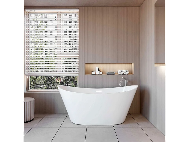 Vasca da Bagno a Isola Vasca da Bagno Freestanding in Acrilico da 150x72x65 cm, Colore Bianco, Forma di Barca Ovale