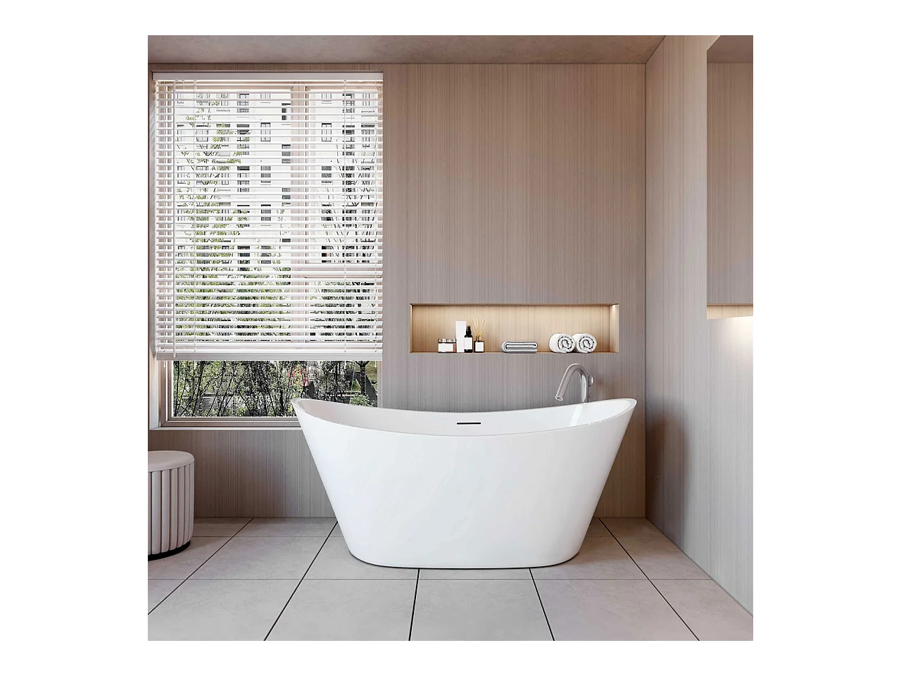 Vasca da Bagno a Isola Vasca da Bagno Freestanding in Acrilico da 150x72x65 cm, Colore Bianco, Forma di Barca Ovale