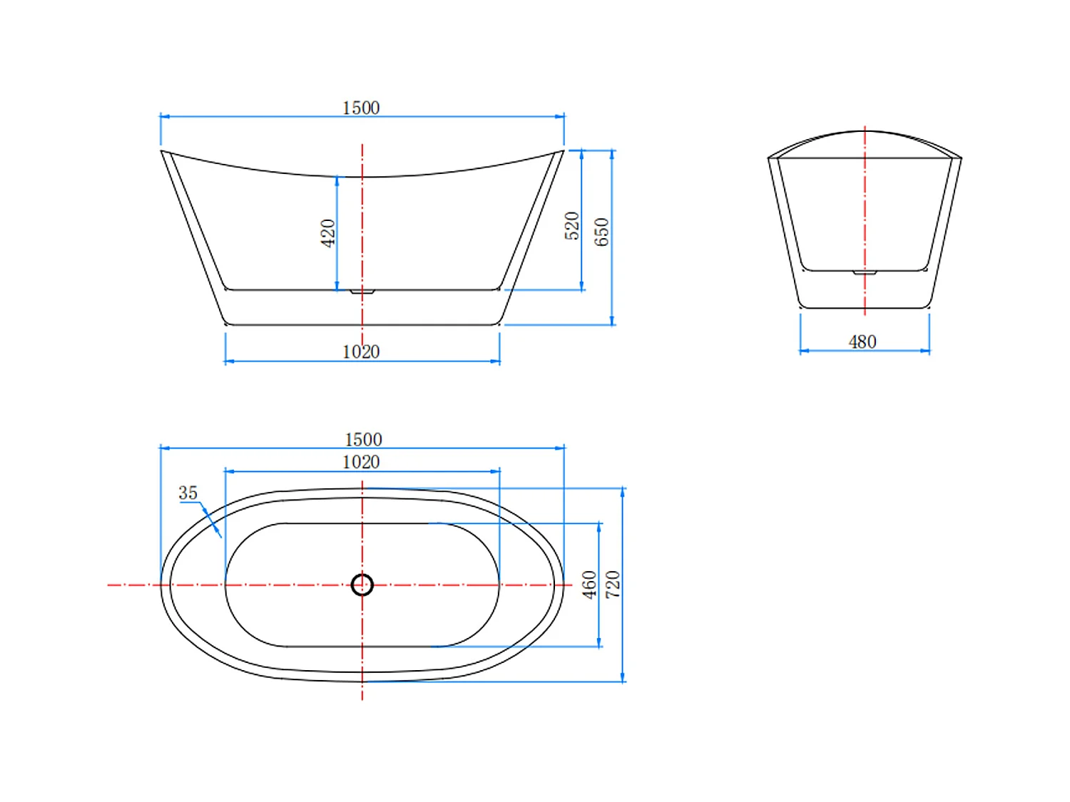 Vasca da Bagno a Isola Vasca da Bagno Freestanding in Acrilico da 150x72x65 cm, Colore Bianco, Forma di Barca Ovale