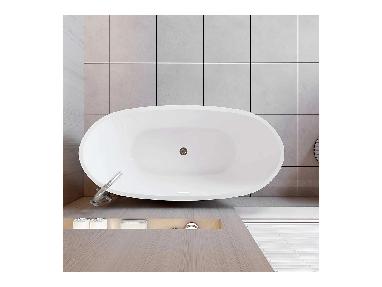 Vasca da Bagno a Isola Vasca da Bagno Freestanding in Acrilico da 150x72x65 cm, Colore Bianco, Forma di Barca Ovale
