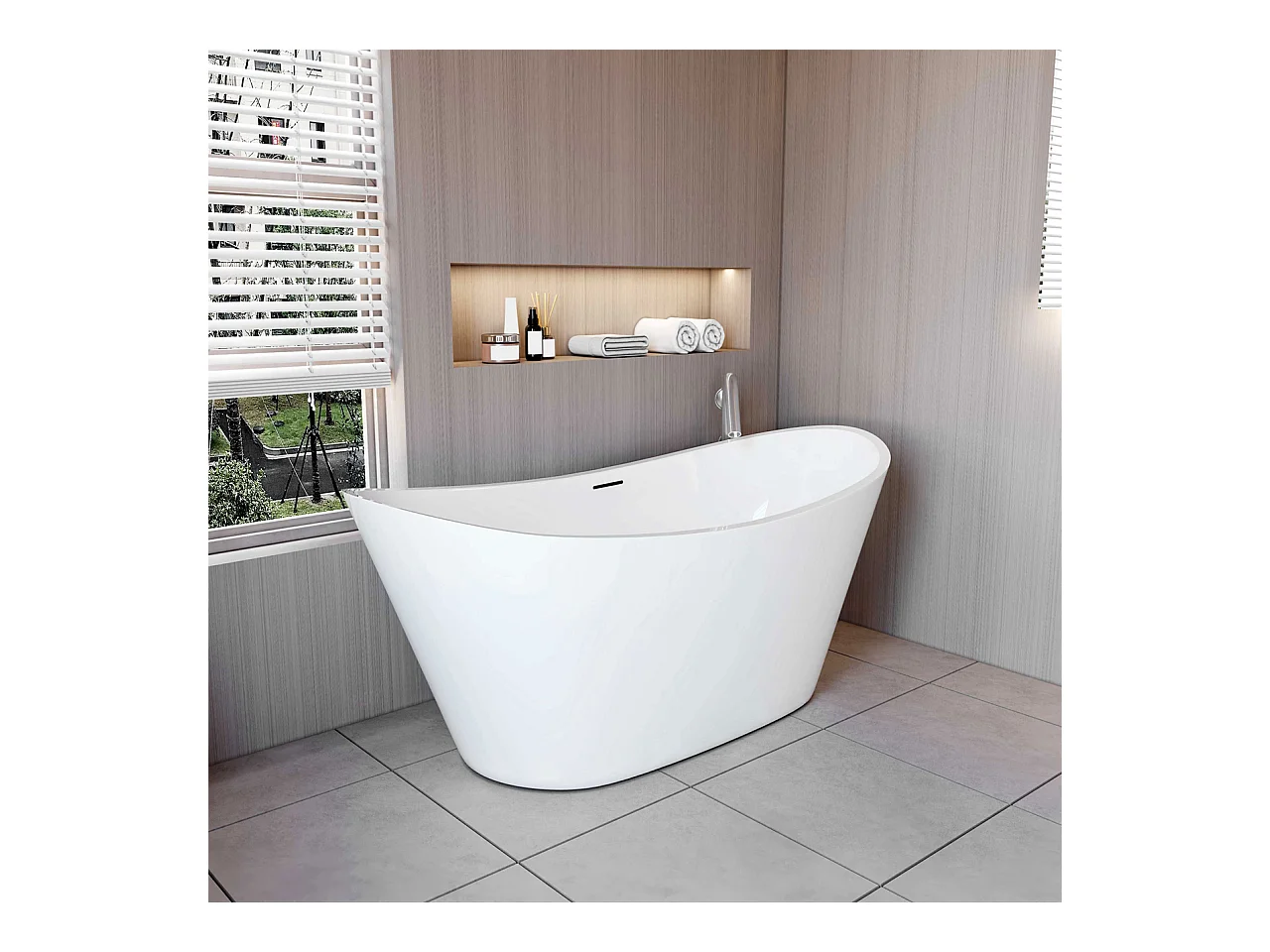 Vasca da Bagno a Isola Vasca da Bagno Freestanding in Acrilico da 150x72x65 cm, Colore Bianco, Forma di Barca Ovale