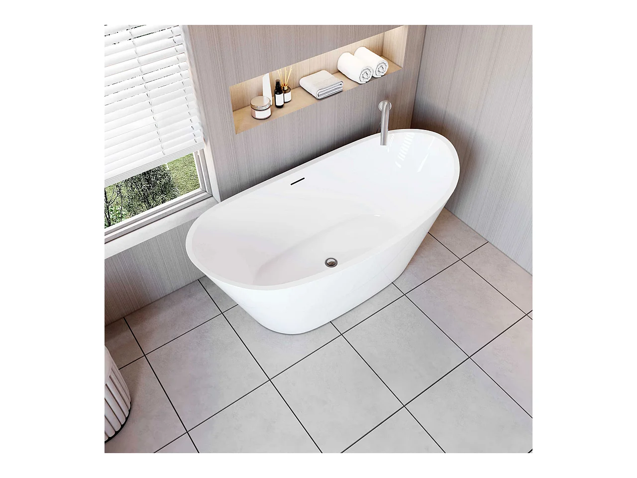Vasca da Bagno a Isola Vasca da Bagno Freestanding in Acrilico da 150x72x65 cm, Colore Bianco, Forma di Barca Ovale