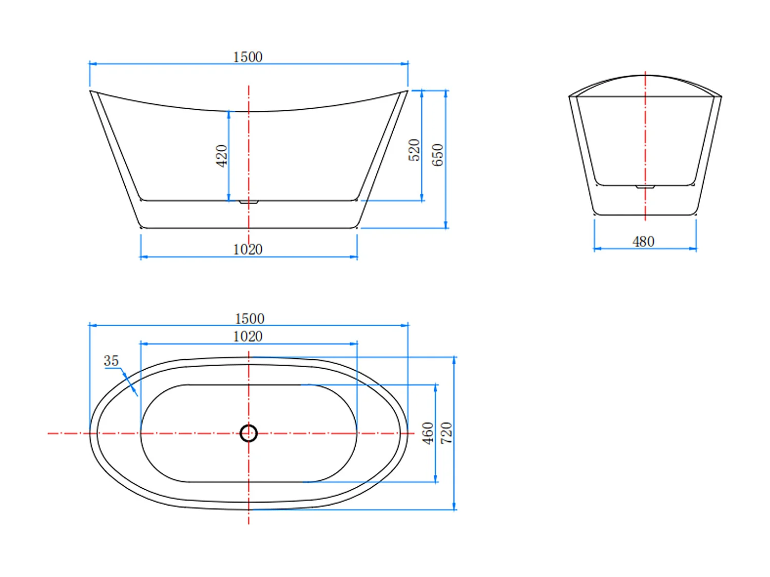 Vasca da Bagno a Isola Vasca da Bagno Freestanding in Acrilico da 150x72x65 cm, Colore Bianco, Forma di Barca Ovale