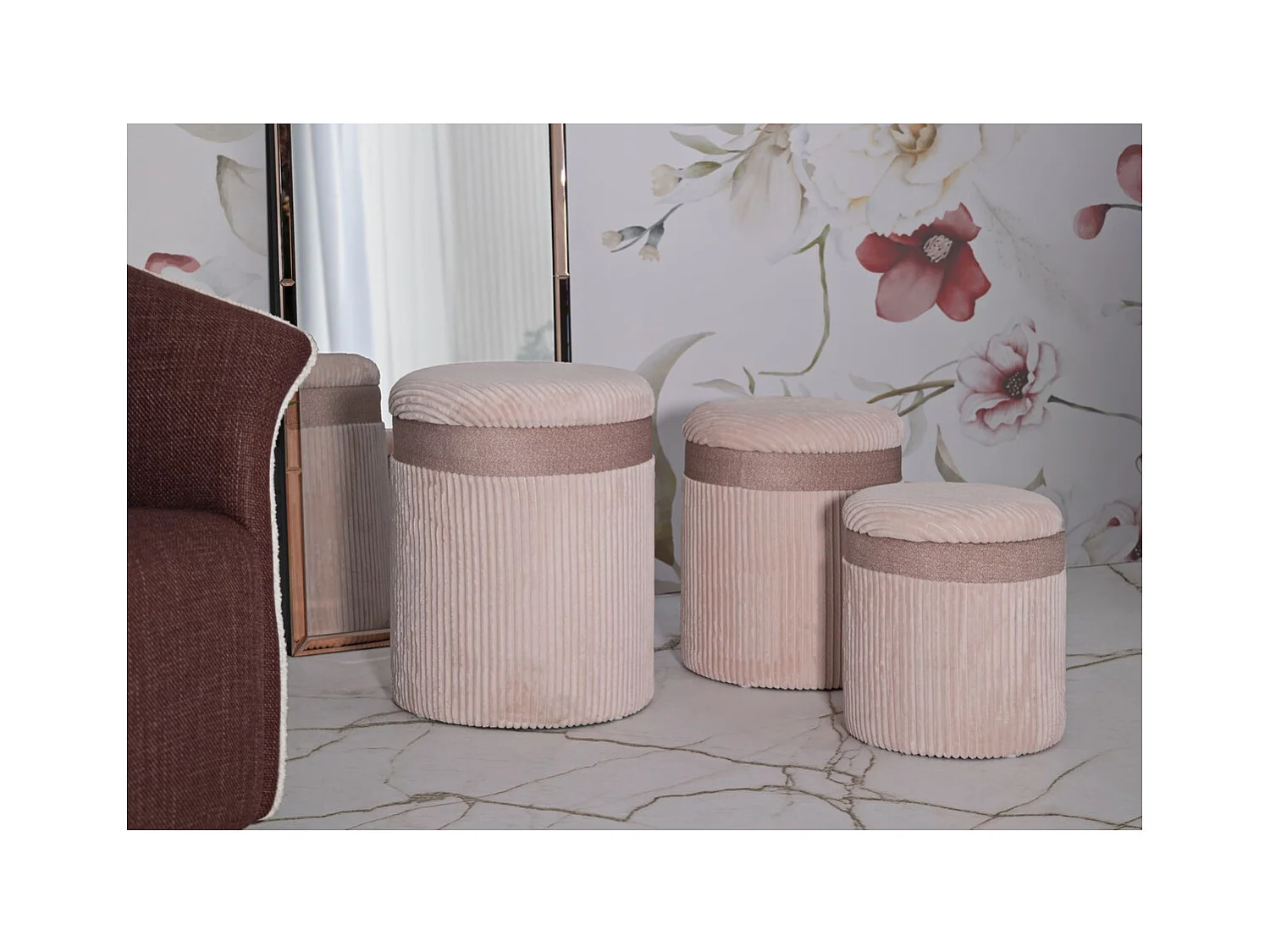 Lot de 3 Poufs MF769, Rose, 40,5x40,5x49,5 cm, Seven Design