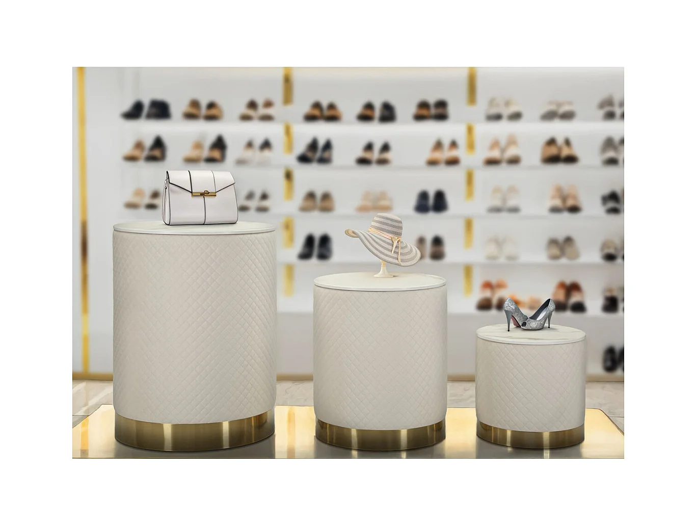 Set van 3 Poefs MF770, Beige, 60x60x80 cm, Epikasa