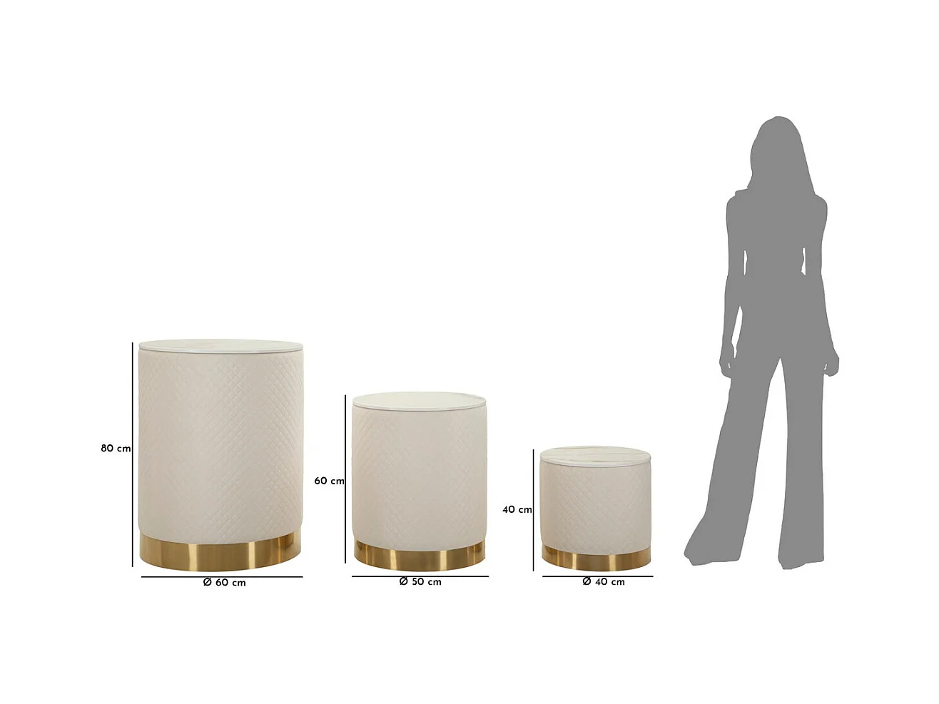 Set van 3 Poefs MF770, Beige, 60x60x80 cm, Epikasa