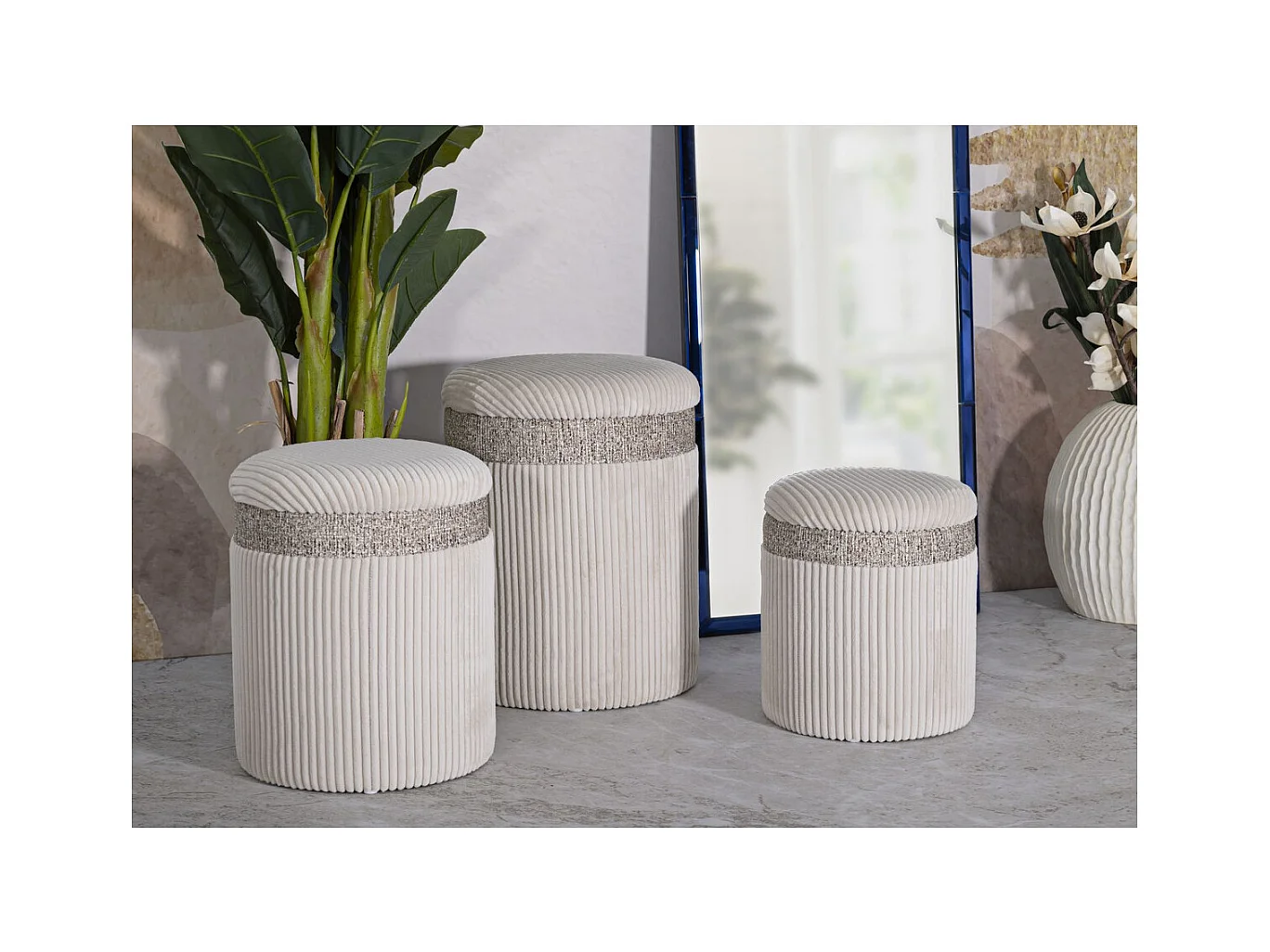 Lot de 3 Poufs MF768, Beige, 40,5x40,5x49,5 cm, Seven Design