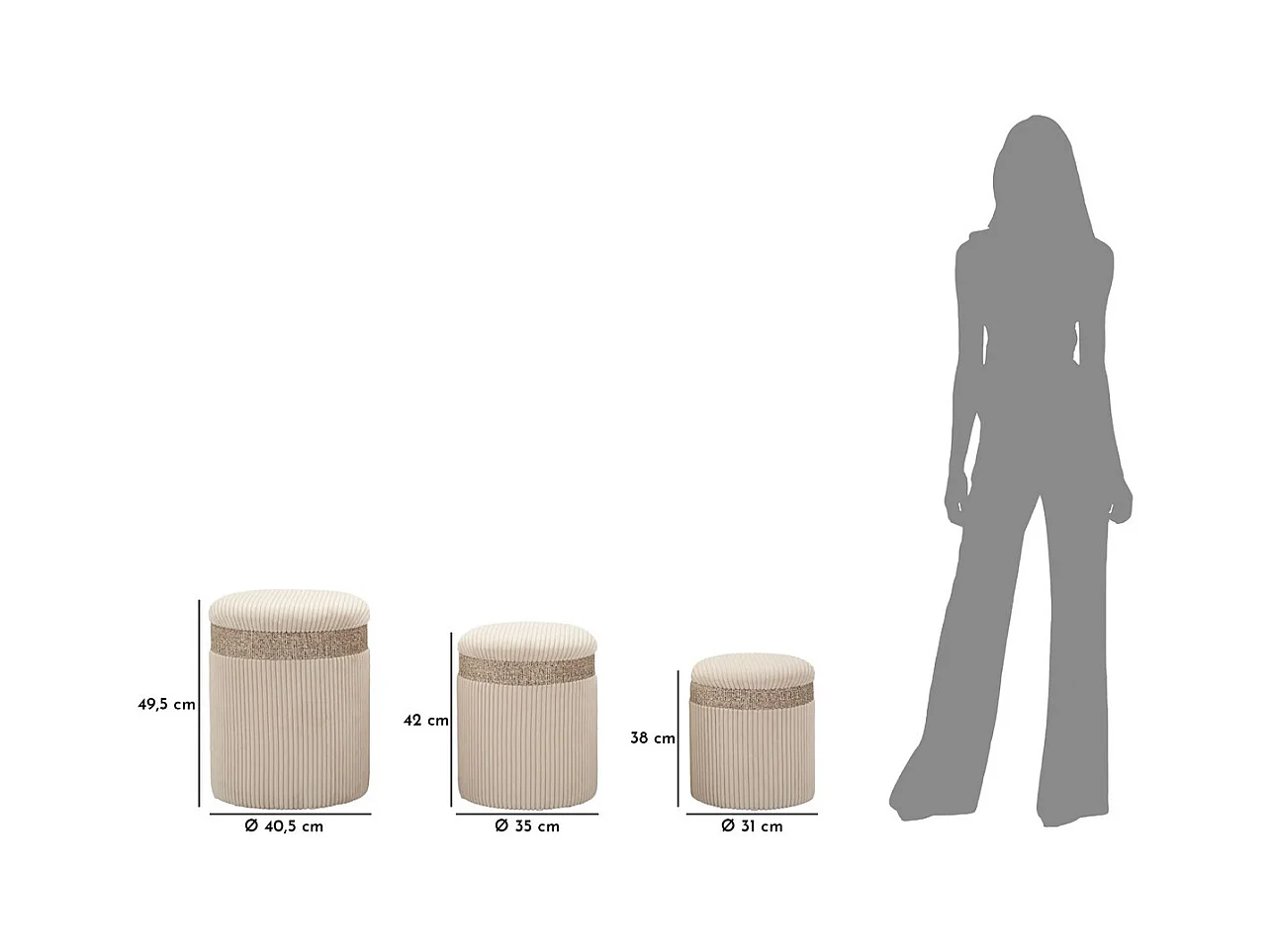 Lot de 3 Poufs MF768, Beige, 40,5x40,5x49,5 cm, Seven Design