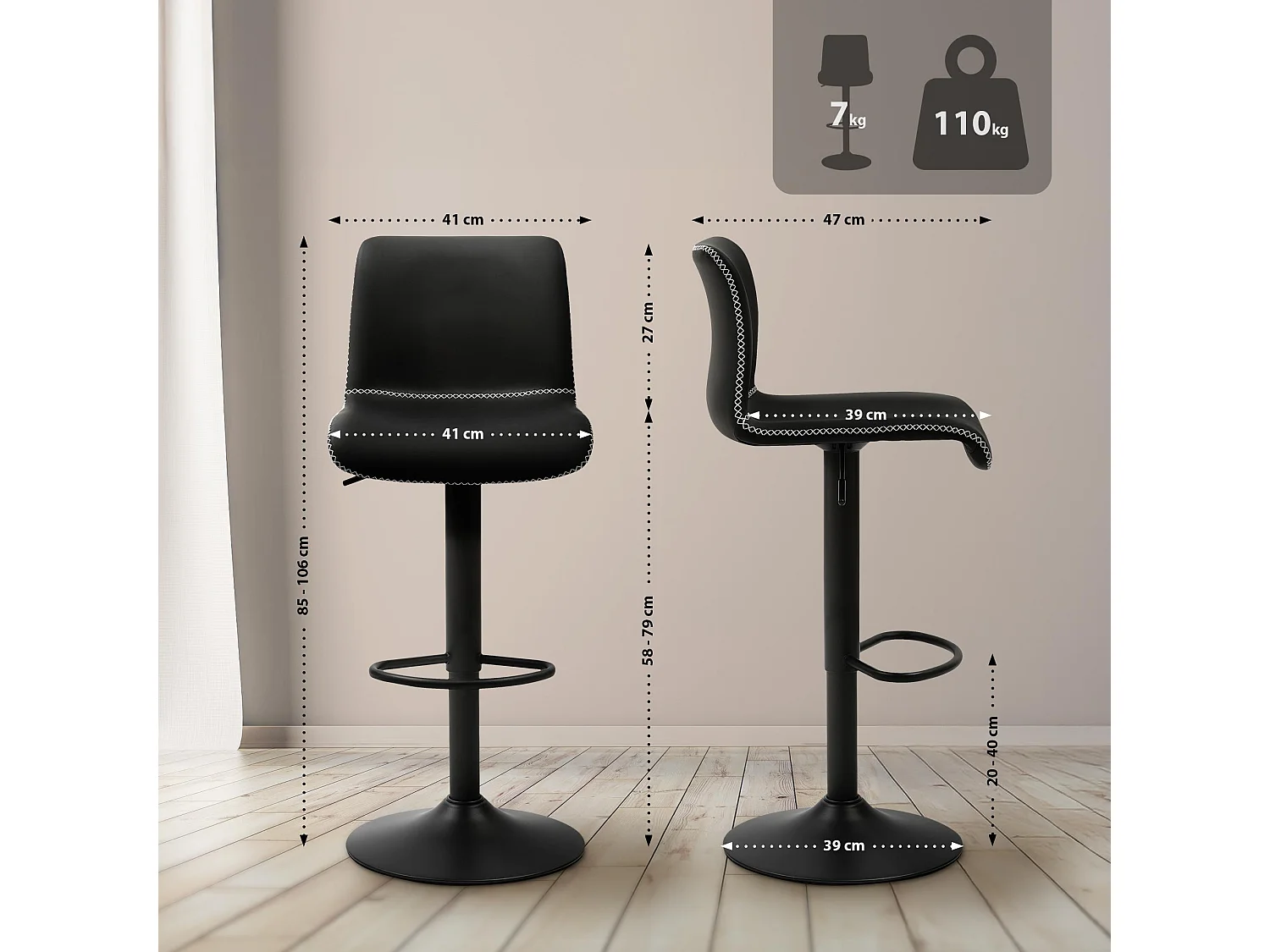 Tabouret de bar - Similicuir - Noir - Henchy