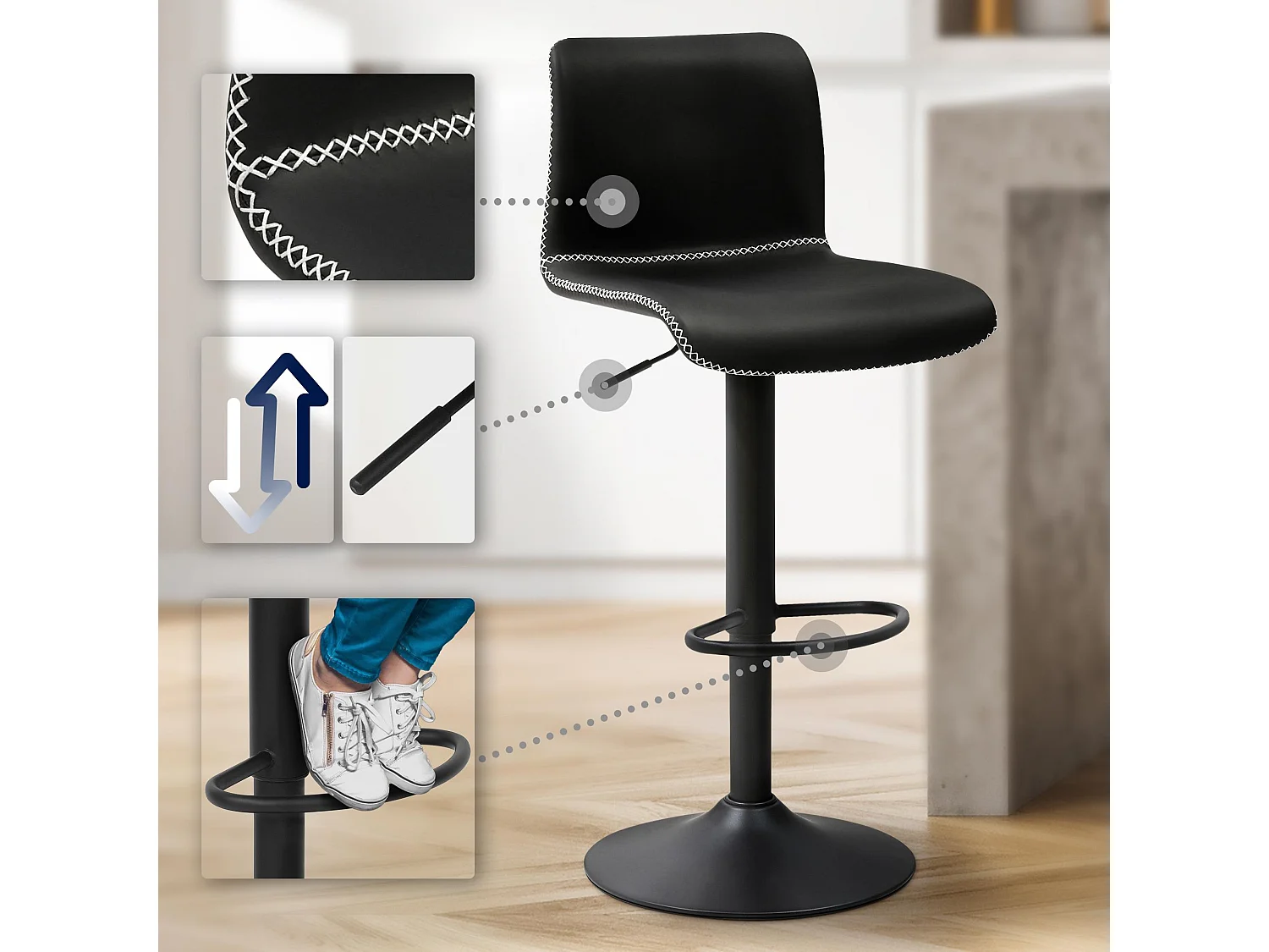 Tabouret de bar - Similicuir - Noir - Henchy