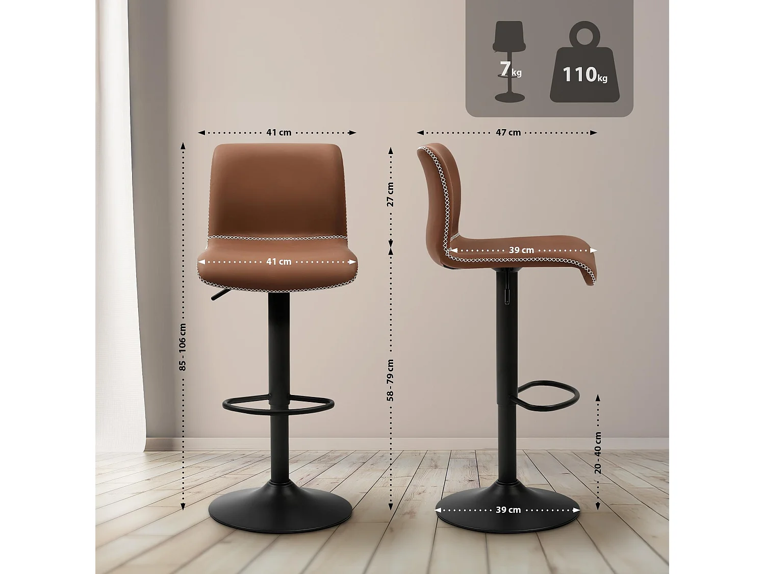 Tabouret de bar - Similicuir - Marron - Henchy