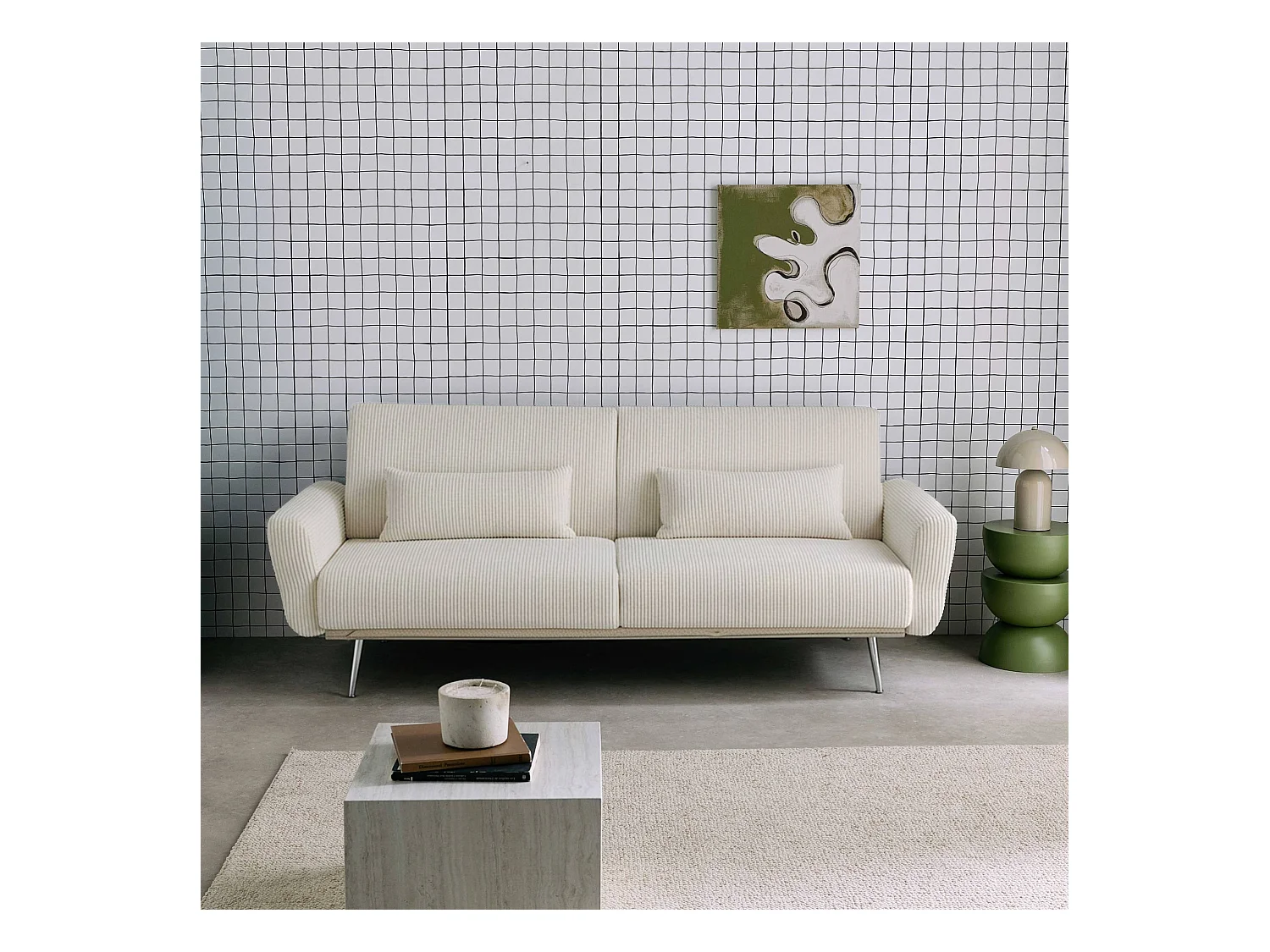 Canapé convertible design en velours côtelé blanc - Oskar - 3 places scandinave droit avec pieds métal chromé