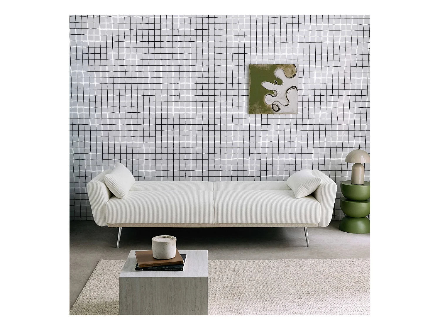 Canapé convertible design en velours côtelé blanc - Oskar - 3 places scandinave droit avec pieds métal chromé