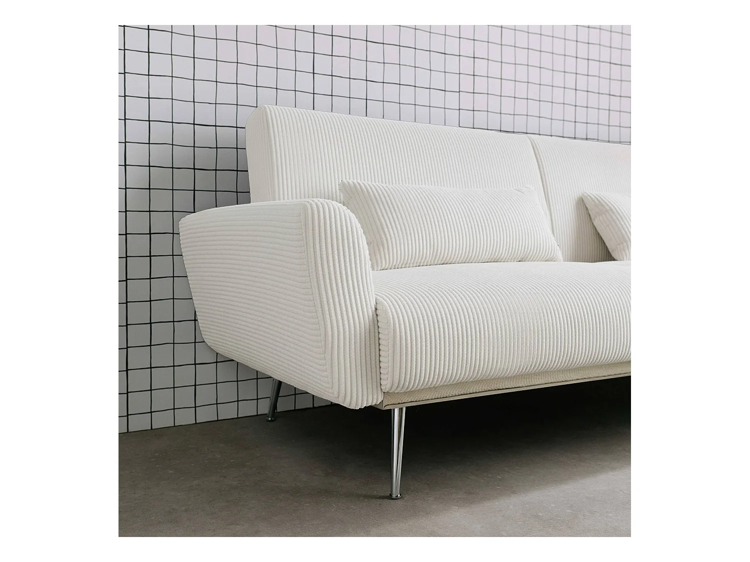 Canapé convertible design en velours côtelé blanc - Oskar - 3 places scandinave droit avec pieds métal chromé