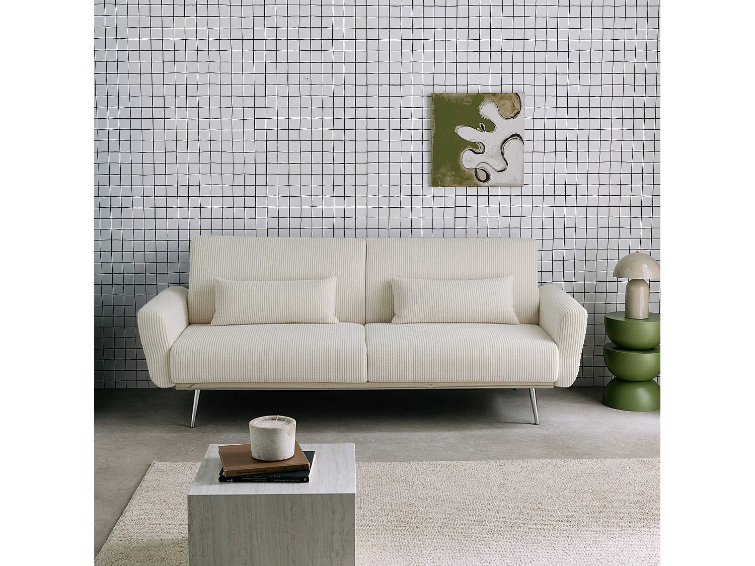 Canapé convertible design en velours côtelé blanc - Oskar - 3 places scandinave droit avec pieds métal chromé