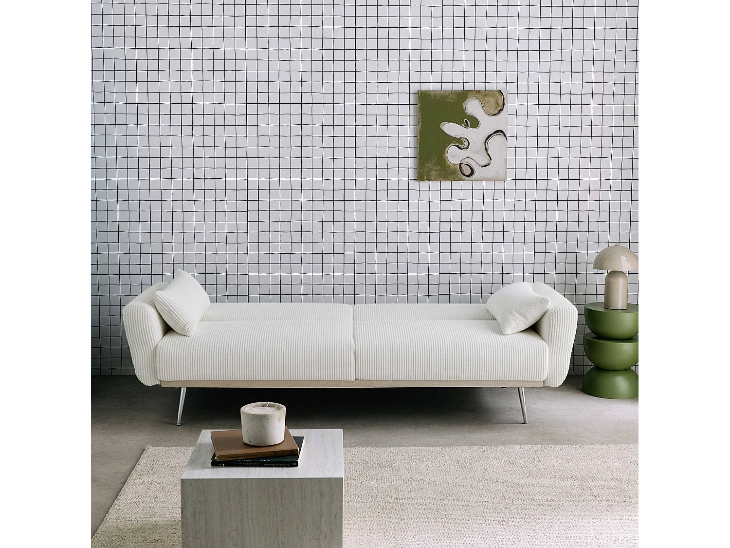 Canapé convertible design en velours côtelé blanc - Oskar - 3 places scandinave droit avec pieds métal chromé