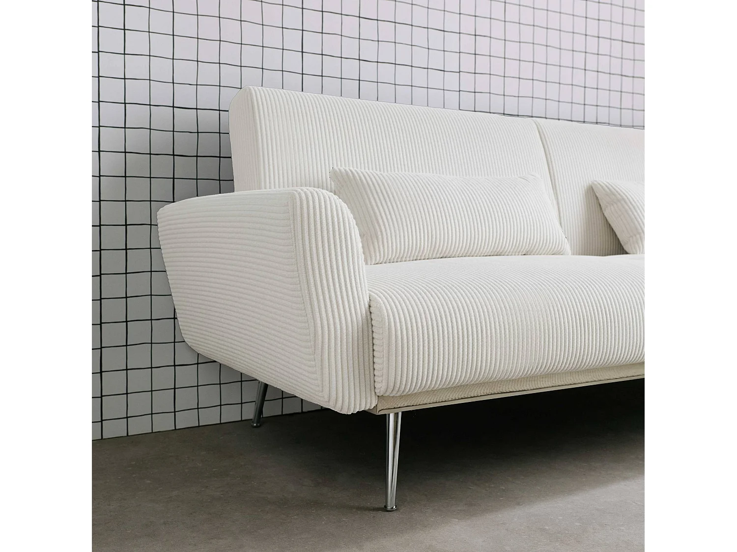 Canapé convertible design en velours côtelé blanc - Oskar - 3 places scandinave droit avec pieds métal chromé