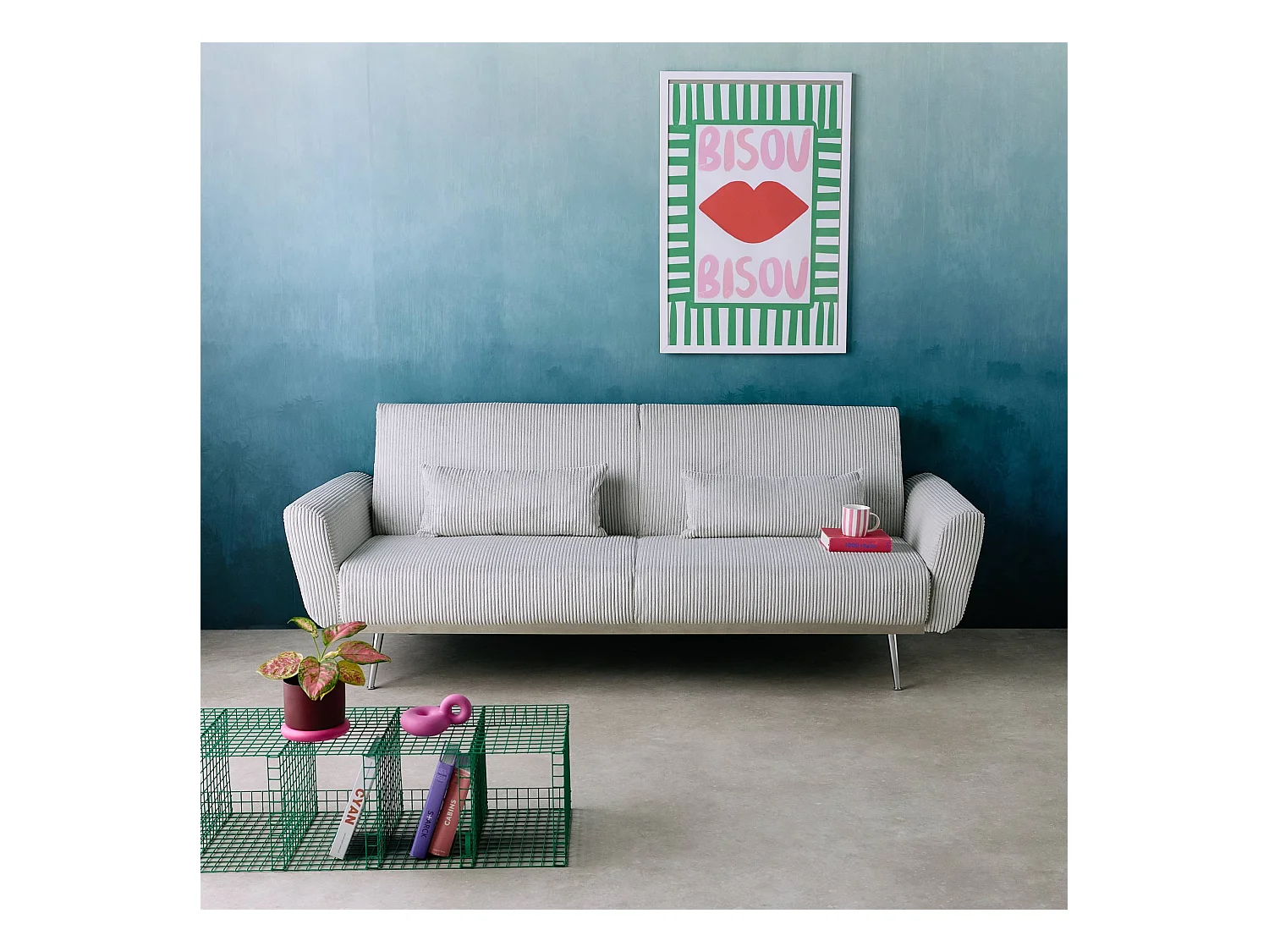 Canapé convertible design en velours côtelé gris clair - Oskar - 3 places scandinave droit avec pieds métal chromé