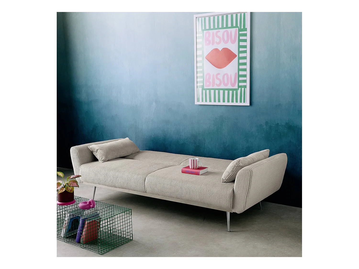 Canapé convertible design en velours côtelé gris clair - Oskar - 3 places scandinave droit avec pieds métal chromé