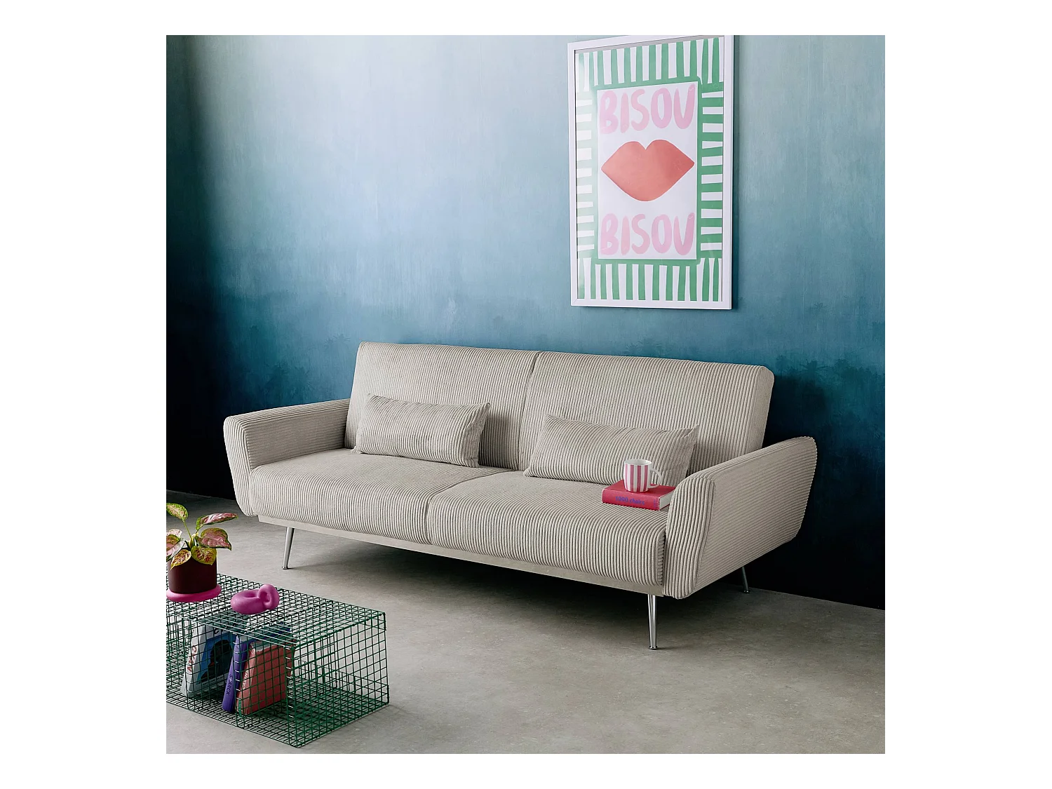 Canapé convertible design en velours côtelé gris clair - Oskar - 3 places scandinave droit avec pieds métal chromé