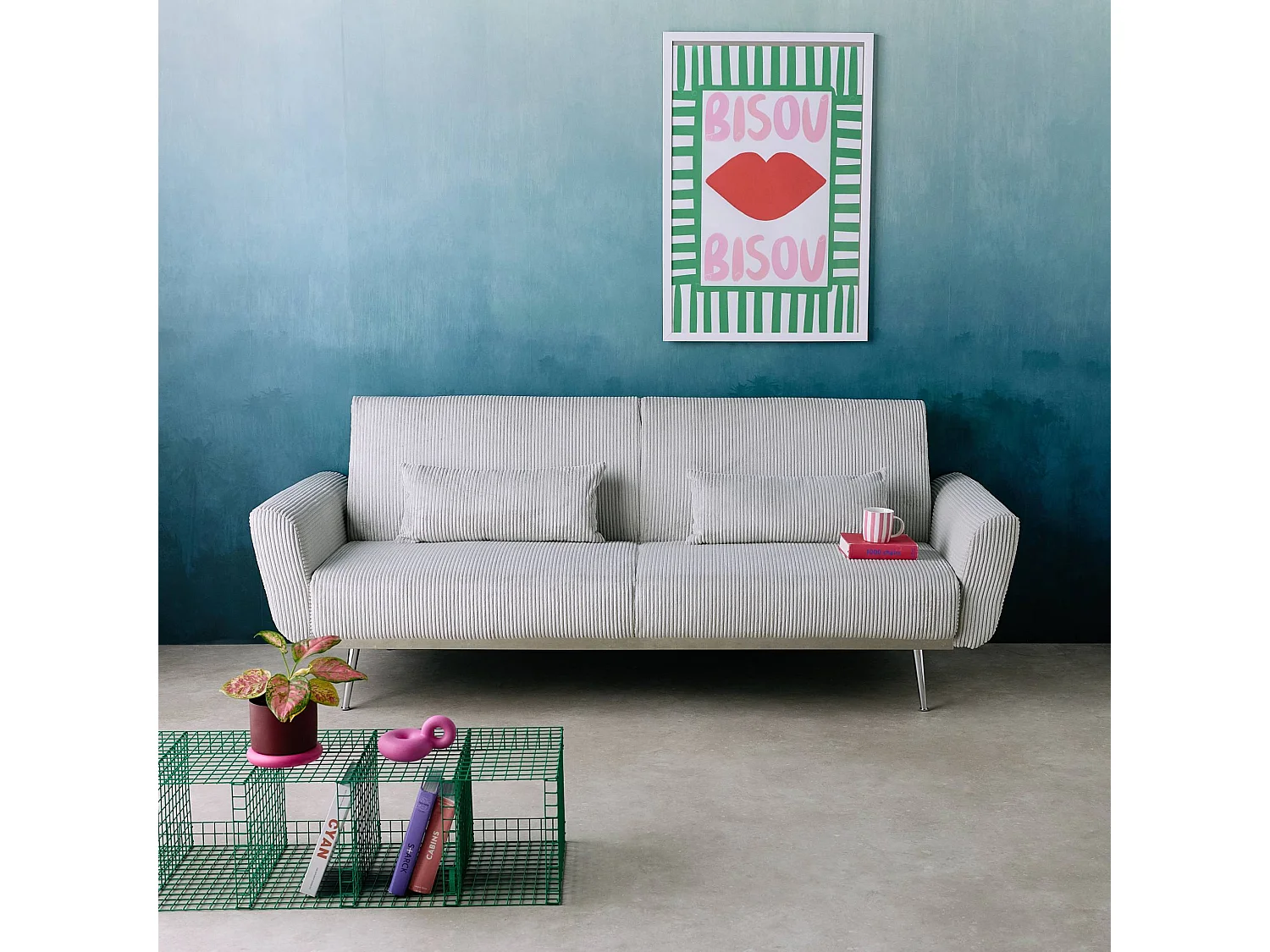 Canapé convertible design en velours côtelé gris clair - Oskar - 3 places scandinave droit avec pieds métal chromé