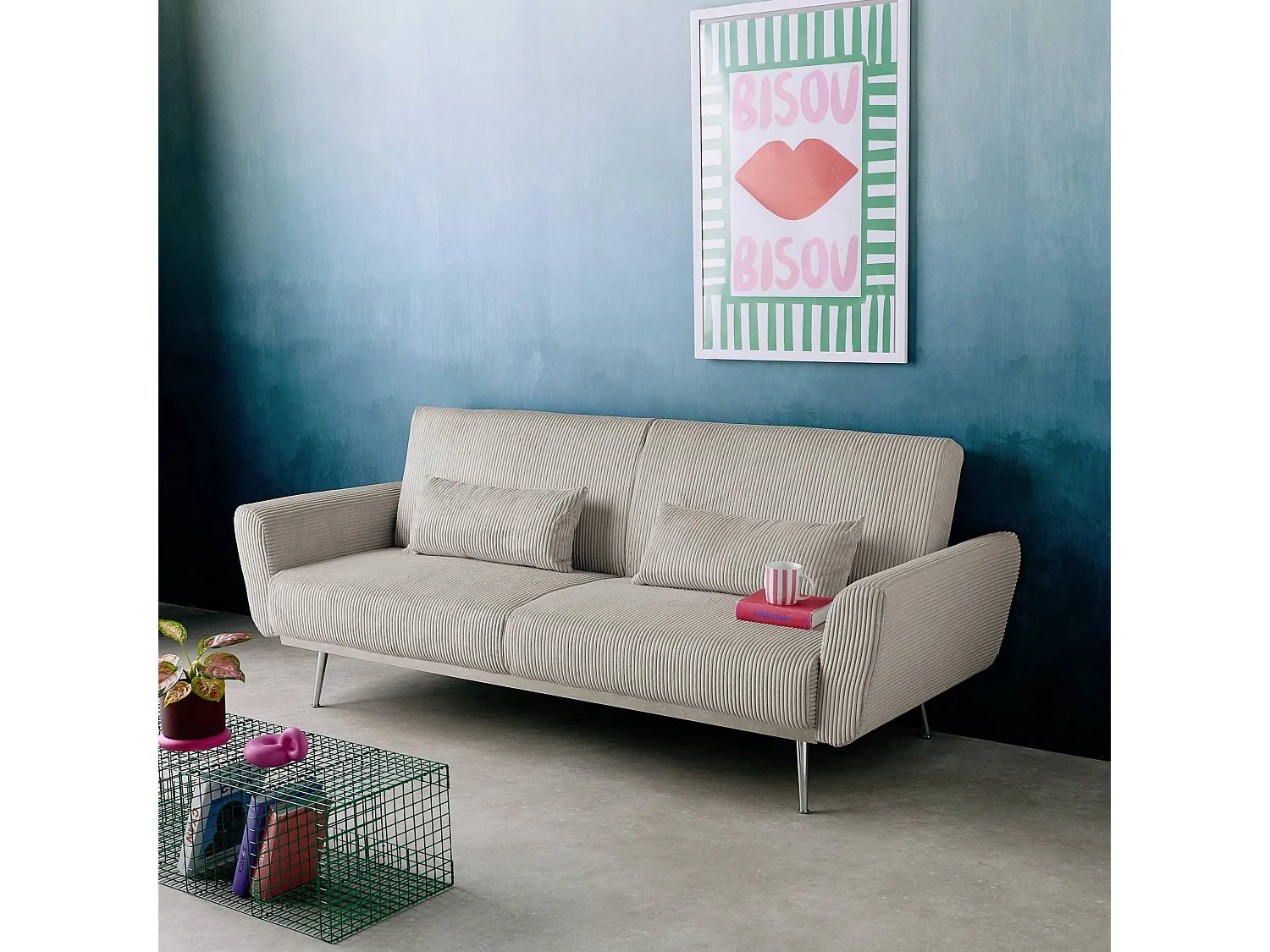 Canapé convertible design en velours côtelé gris clair - Oskar - 3 places scandinave droit avec pieds métal chromé