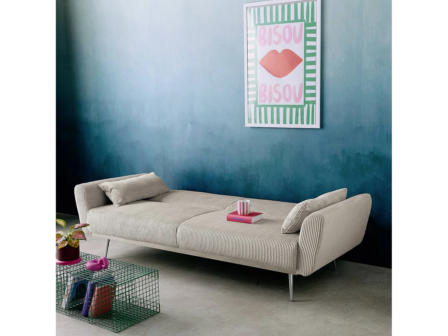 Canapé convertible design en velours côtelé gris clair - Oskar - 3 places scandinave droit avec pieds métal chromé