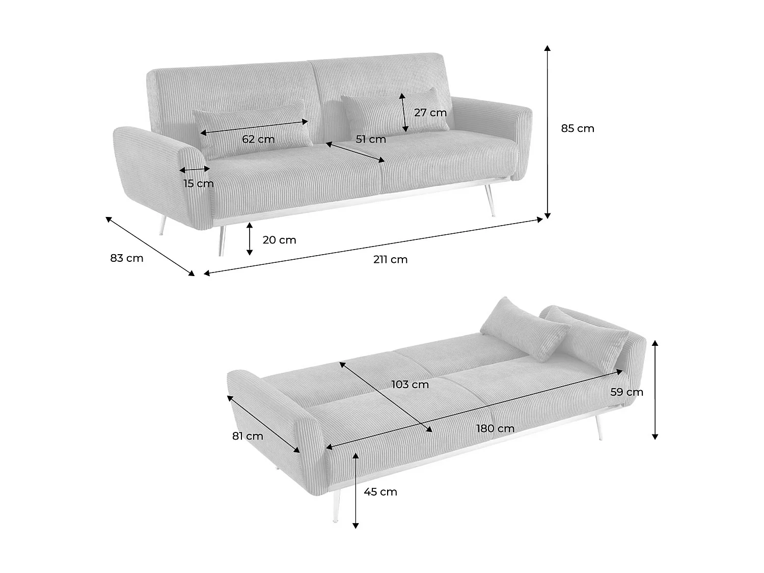 Canapé convertible design en velours côtelé gris clair - Oskar - 3 places scandinave droit avec pieds métal chromé