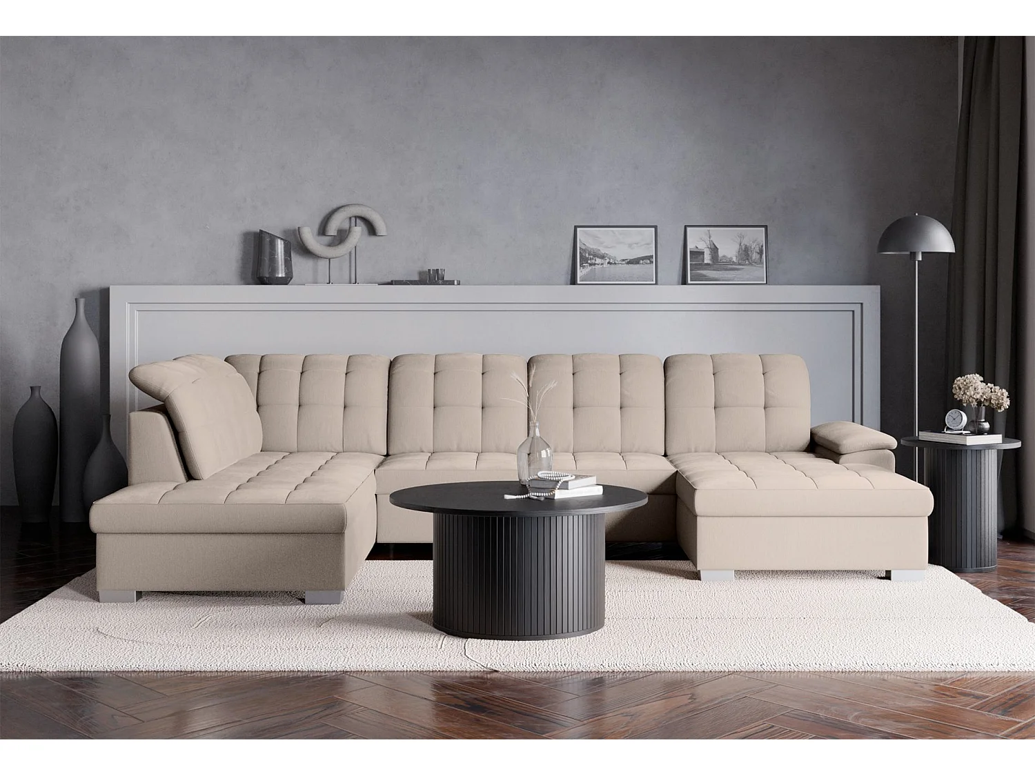 Wohnlandschaft - Schlaffunktion und Stauraum - rechtsseitig - beige - JAMAAL