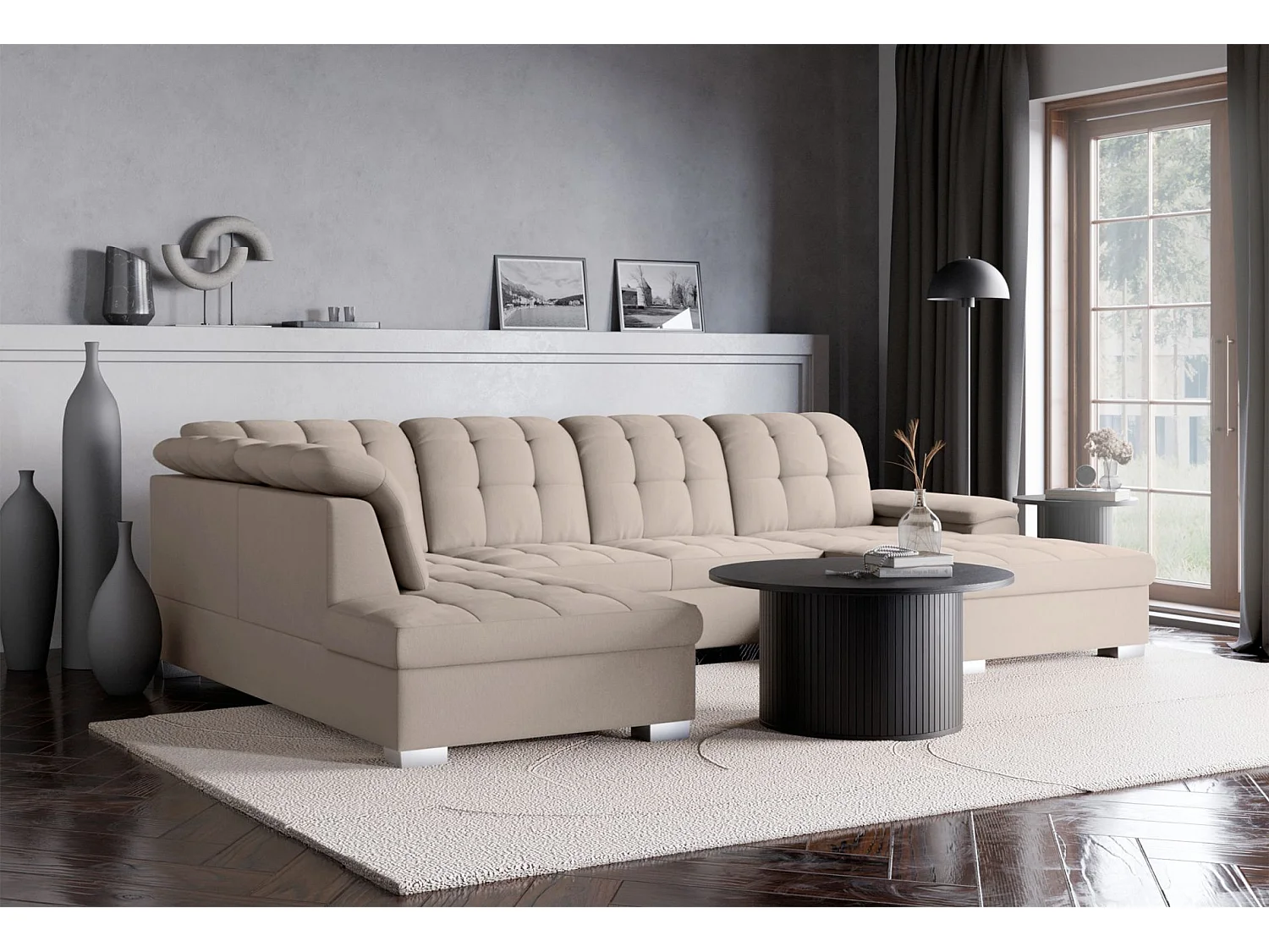 Wohnlandschaft - Schlaffunktion und Stauraum - rechtsseitig - beige - JAMAAL