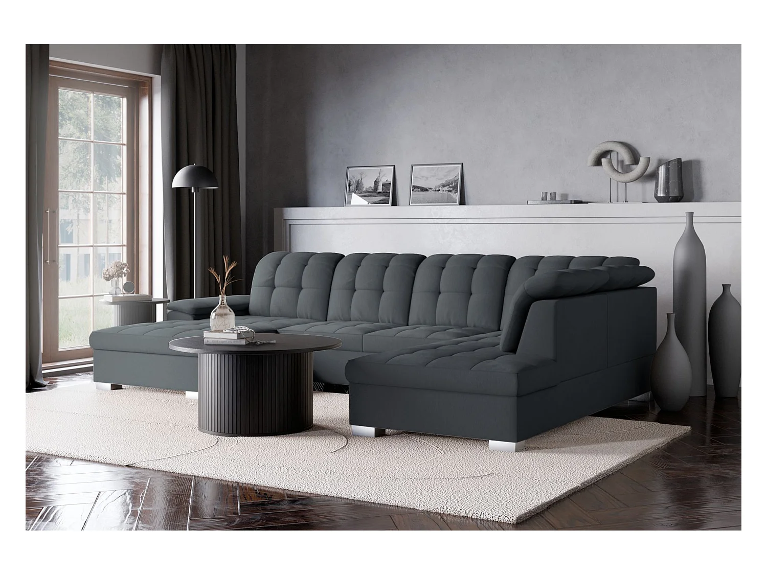 Canapé d'angle U convertible –gris foncé tressé– côté gauche – JAMAAL