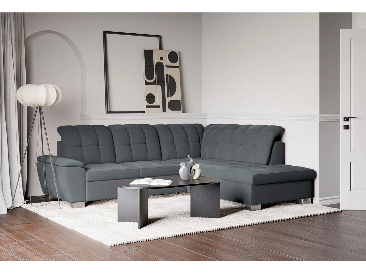 Ecksofa - Schlaffunktion und Stauraum - rechtsseitig - dunkelgrau - JAMAAL