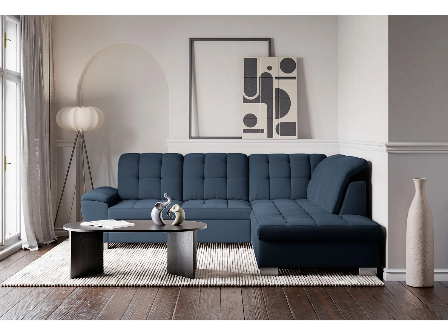 Ecksofa - Schlaffunktion und Stauraum - rechtsseitig - marineblau - JAMAAL