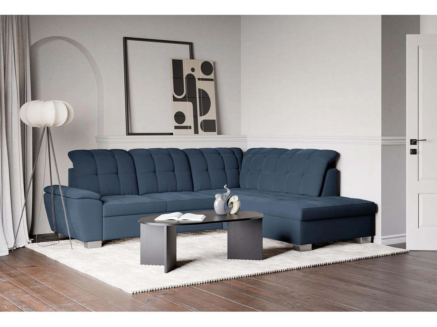 Ecksofa - Schlaffunktion und Stauraum - rechtsseitig - marineblau - JAMAAL