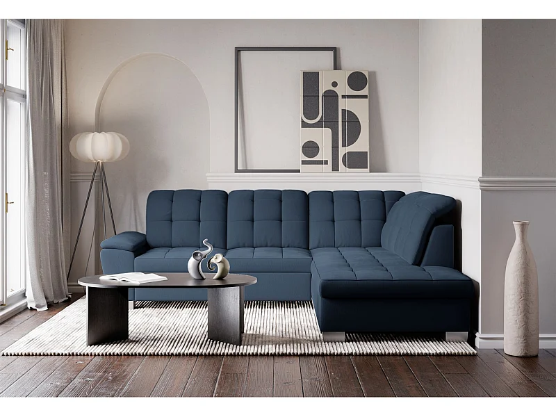 Ecksofa - Schlaffunktion und Stauraum - rechtsseitig - marineblau - JAMAAL