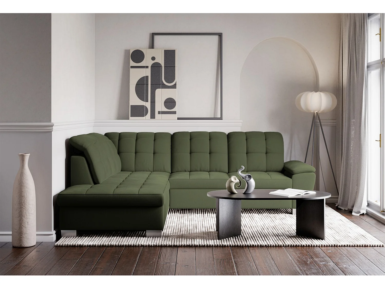 Canapé d'angle convertible L – vert olive– côté gauche – JAMAAL