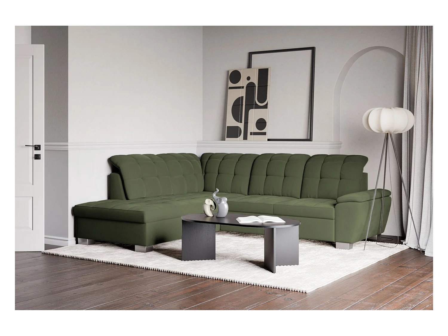 Canapé d'angle convertible L – vert olive– côté gauche – JAMAAL