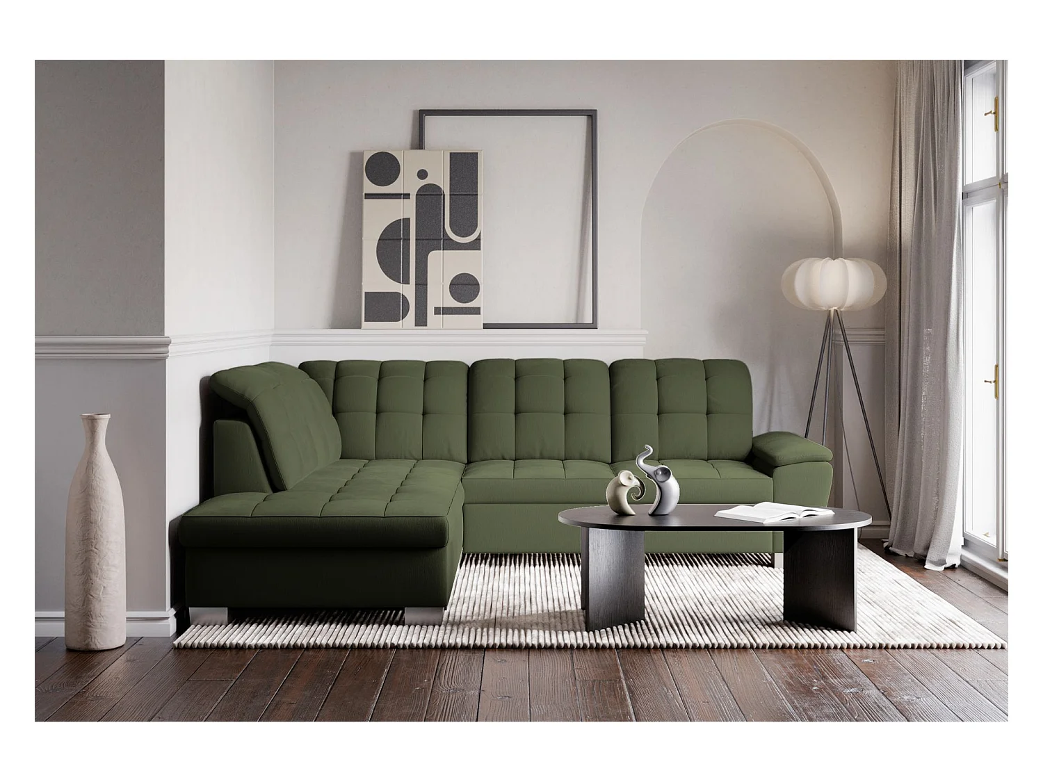 Canapé d'angle convertible L – vert olive– côté gauche – JAMAAL