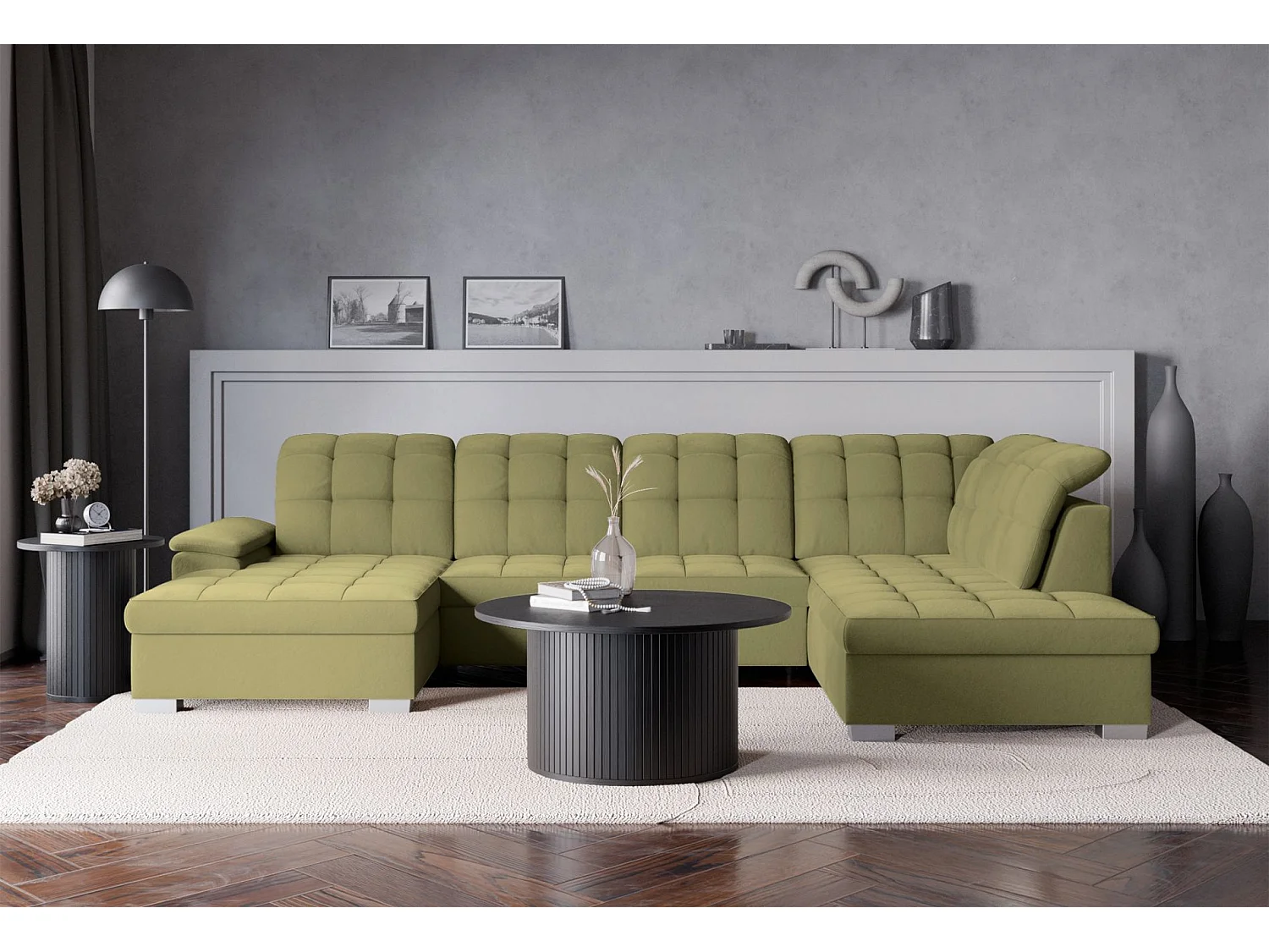 Canapé d'angle U convertible – vert olive– côté gauche – JAMAAL