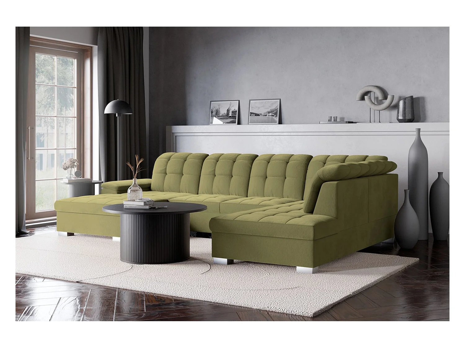 Canapé d'angle U convertible – vert olive– côté gauche – JAMAAL