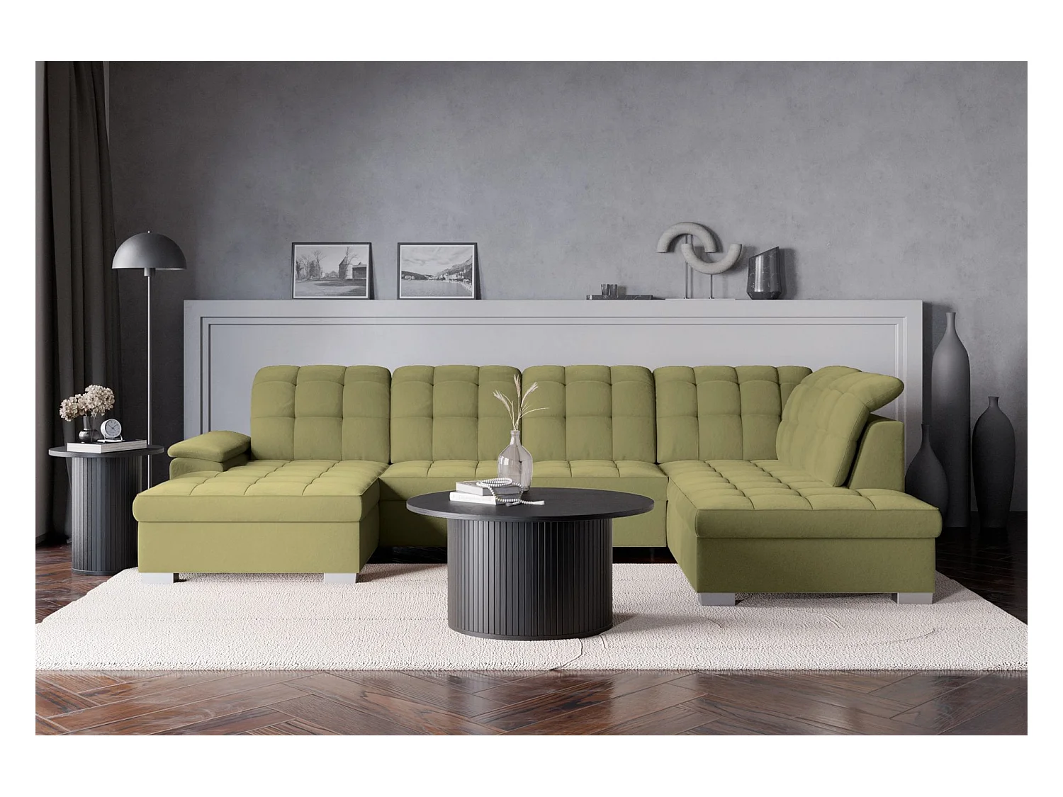 Canapé d'angle U convertible – vert olive– côté gauche – JAMAAL