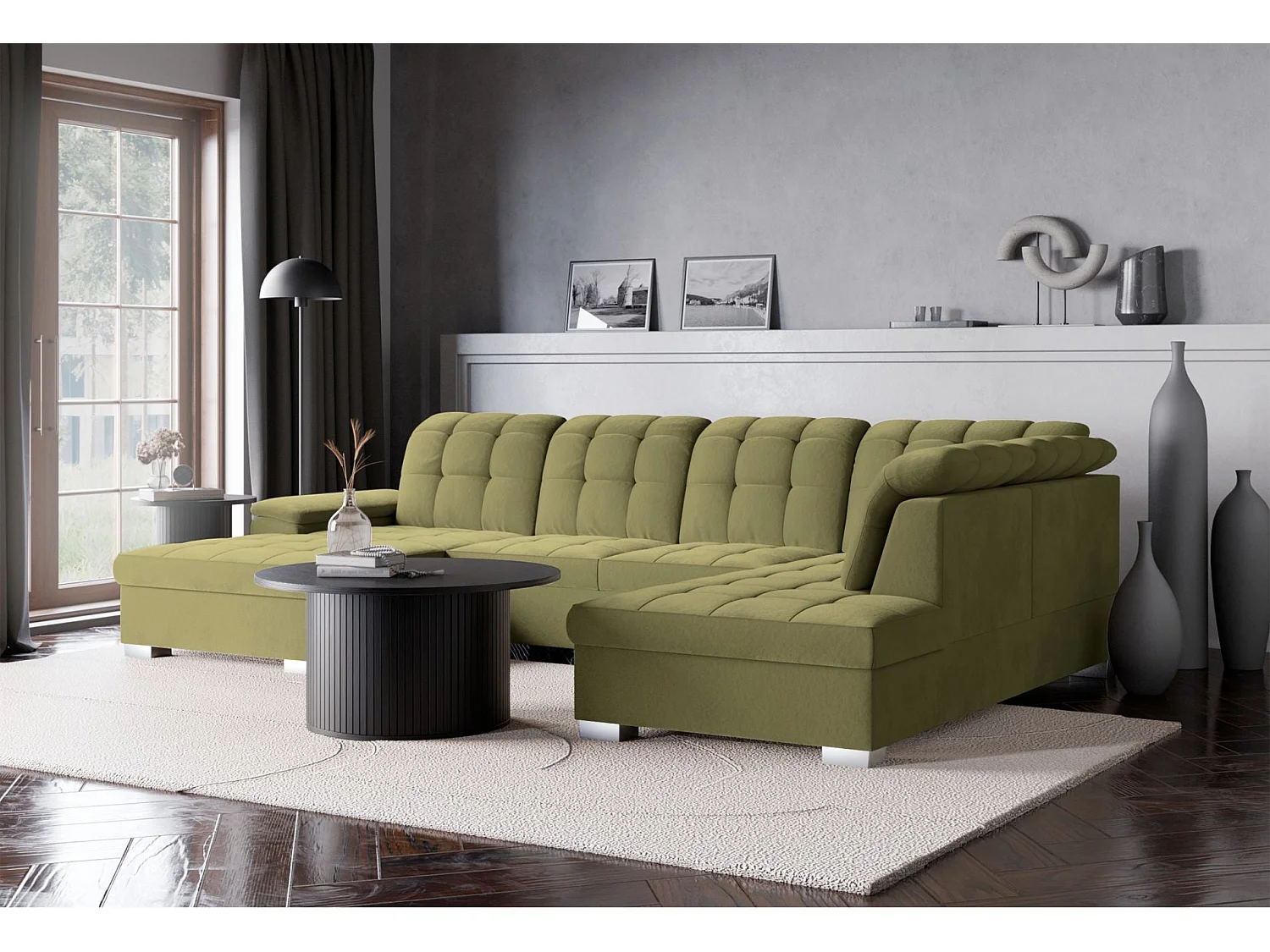 Canapé d'angle U convertible – vert olive– côté gauche – JAMAAL