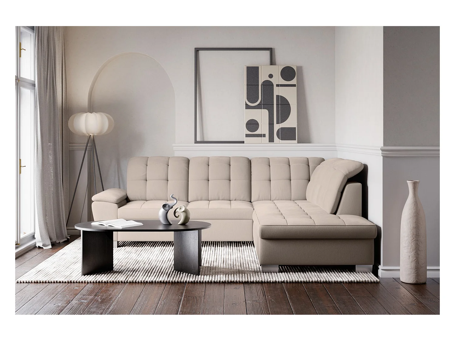 Canapé d'angle convertible L – beige– côté droit – JAMAAL