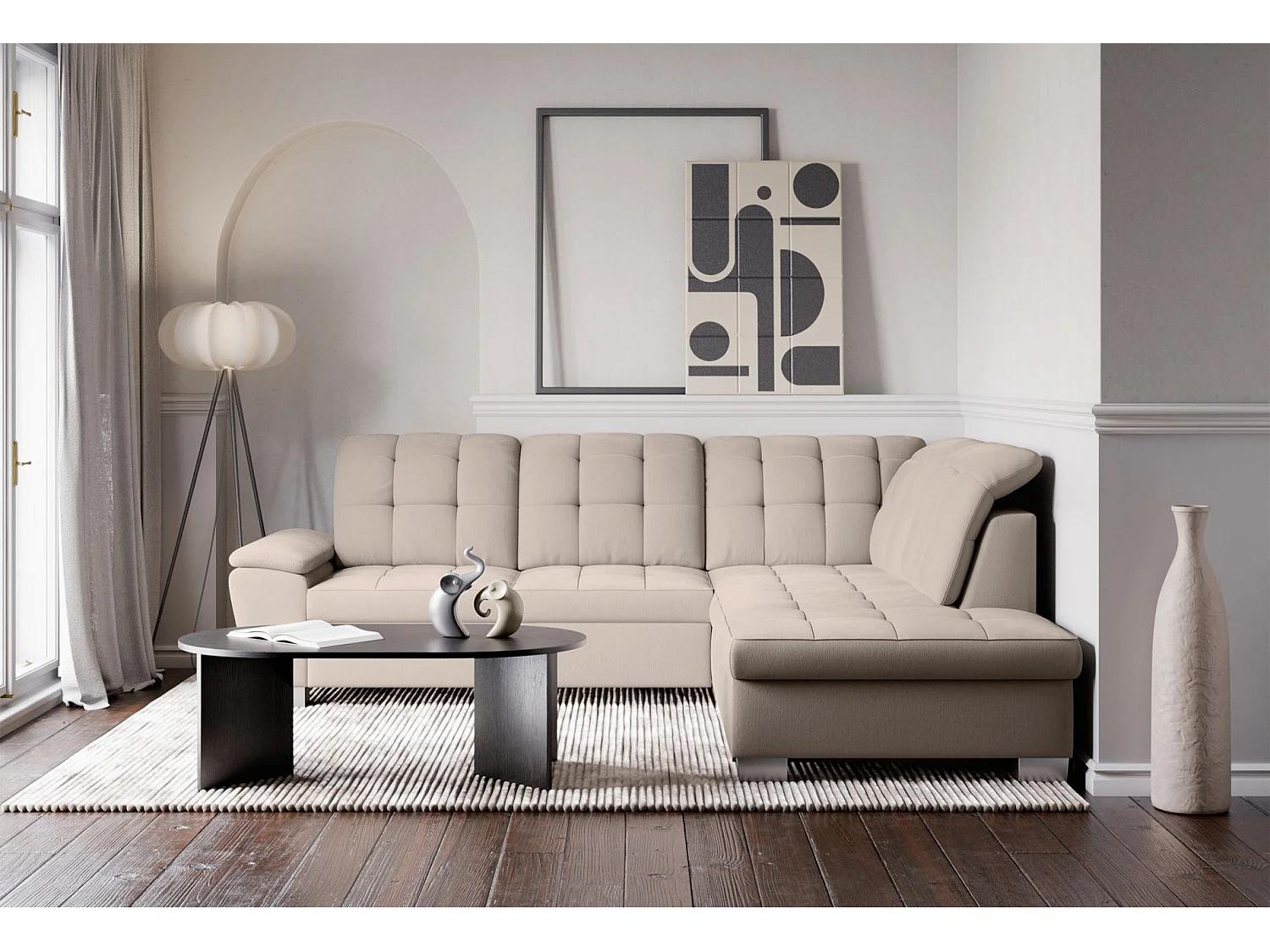 Ecksofa - Schlaffunktion und Stauraum - rechtsseitig - beige - JAMAAL