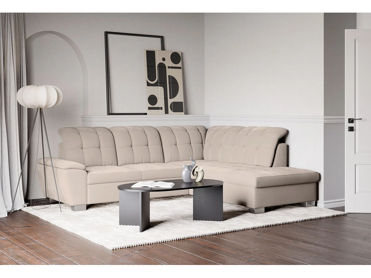 Ecksofa - Schlaffunktion und Stauraum - rechtsseitig - beige - JAMAAL